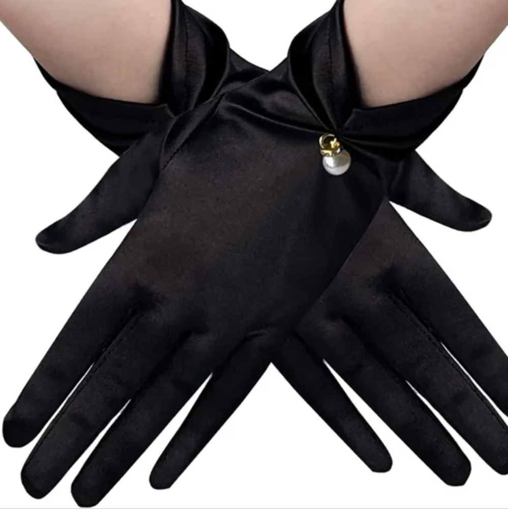 Elegant Black Satin Gloves Pearl Accent Church Formal Tea Party Fascinat…